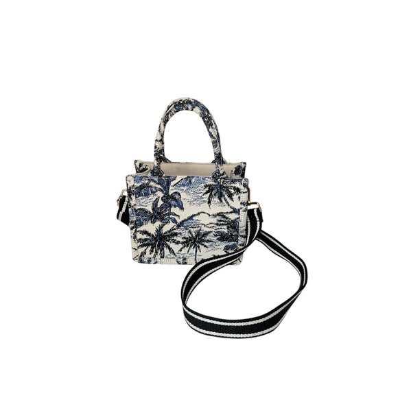 H&M Handbags - H&M Mini Tote Jacquard Tote Palm Tree Leaf Tropical Bag Crossbody Strap Blue EUC